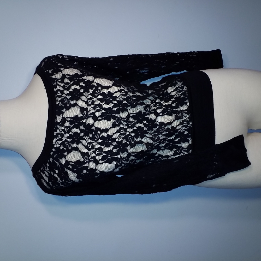 3/$25 dELiA's XS Black open floral Lace TOP SWEATER long sleeve banded bottom